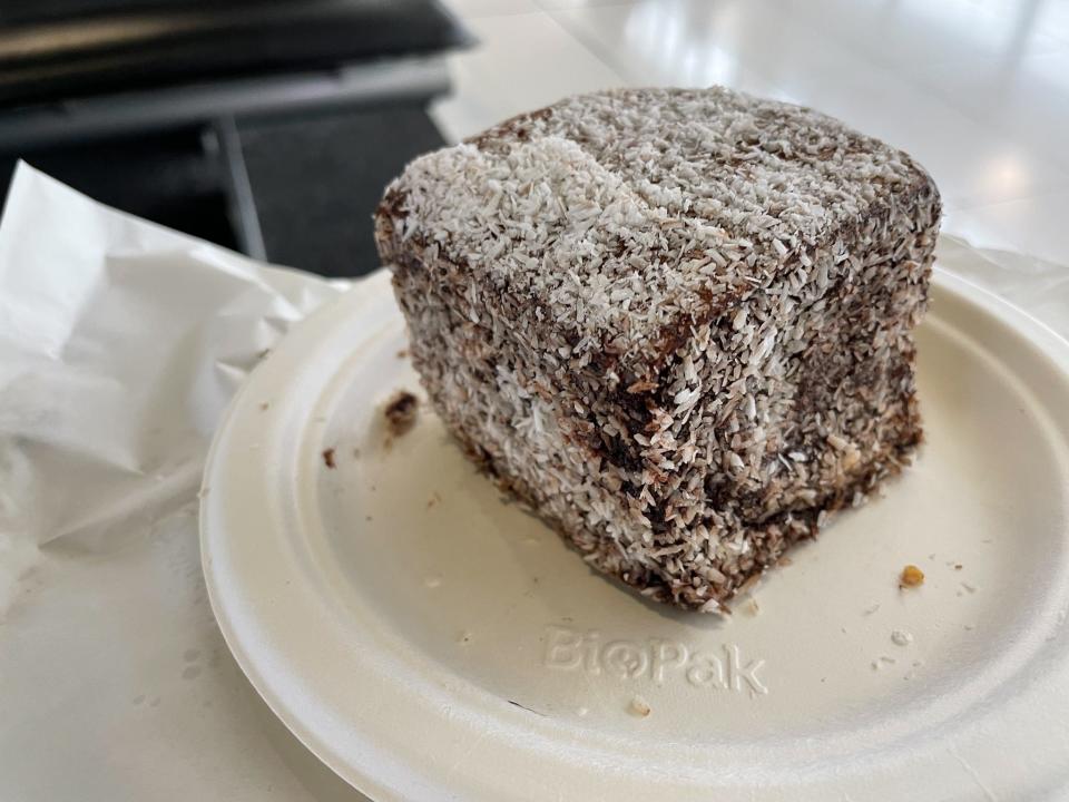 Lamingtons are individual cakes coated in chocolate and coconut.