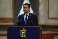 Iraqi Prime Minister Mohammed Shia al-Sudani attends a press conference with Turkish President Recep Tayyip Erdogan, in Baghdad, Iraq, Monday, April 22, 2024. (Thaier Al-Sudani/Pool Photo via AP)