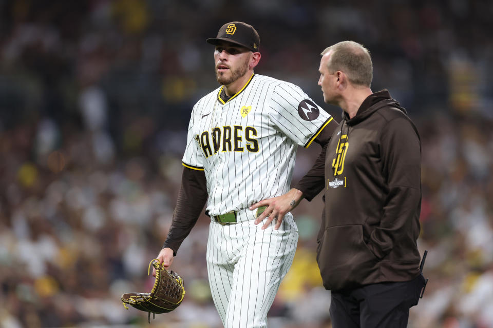 SAN DIEGO, CALIFORNIA - OCTOBER 02: Joe Musgrove #44 of the San Diego Padres leaves the game against the Atlanta Braves during the fourth inning in game two of the Wild Card Series at Petco Park on October 02, 2024 in San Diego, California. (Photo by Sean M. Haffey/Getty Images)