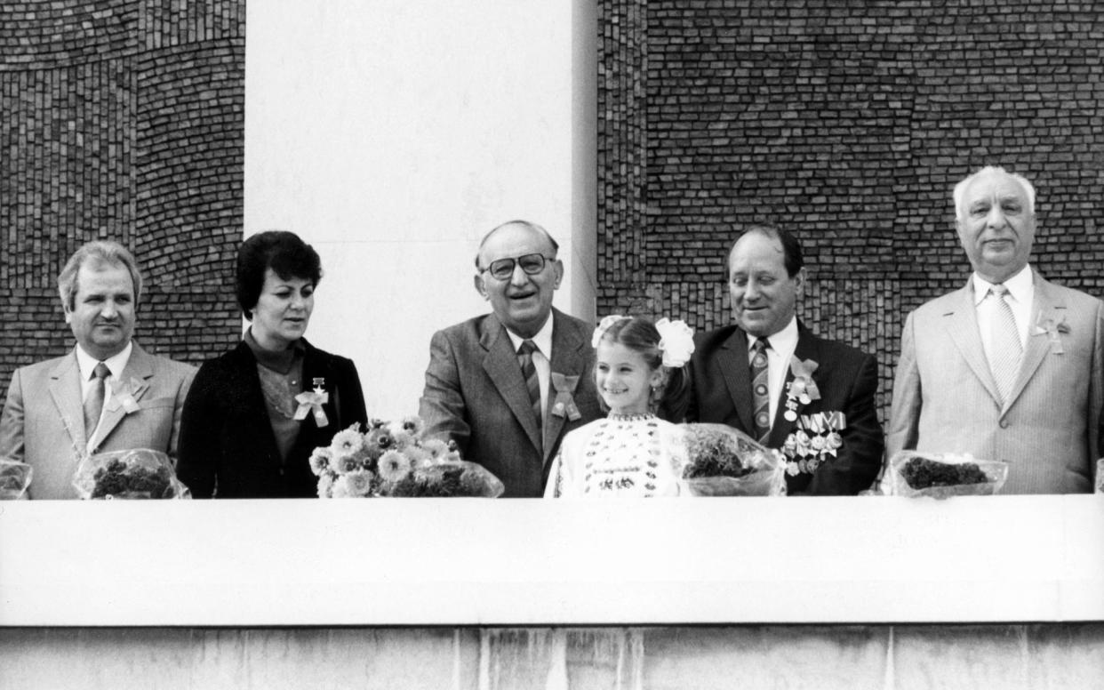 Leaders, including President Todor Zhivkov (centre), look out over a communist rally in Sofia, 1989