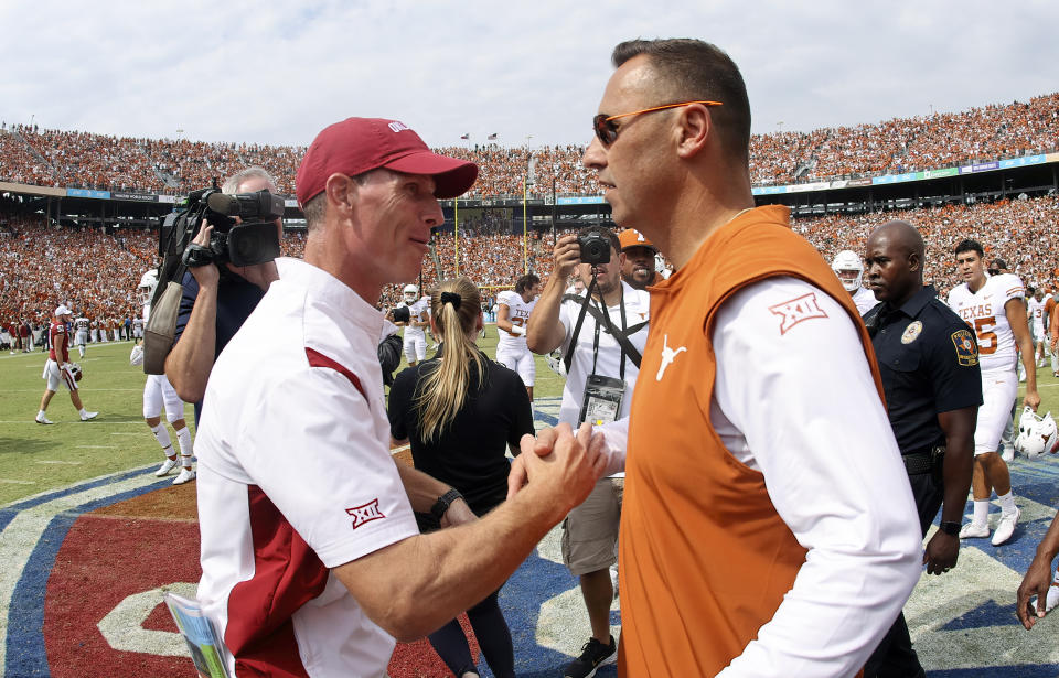 Oklahoma coach Brent Venables shakes hands with Texas coach Steve Sarkisian after the Red River Showdown in 2022. (Kevin Jairaj-USA TODAY Sports)