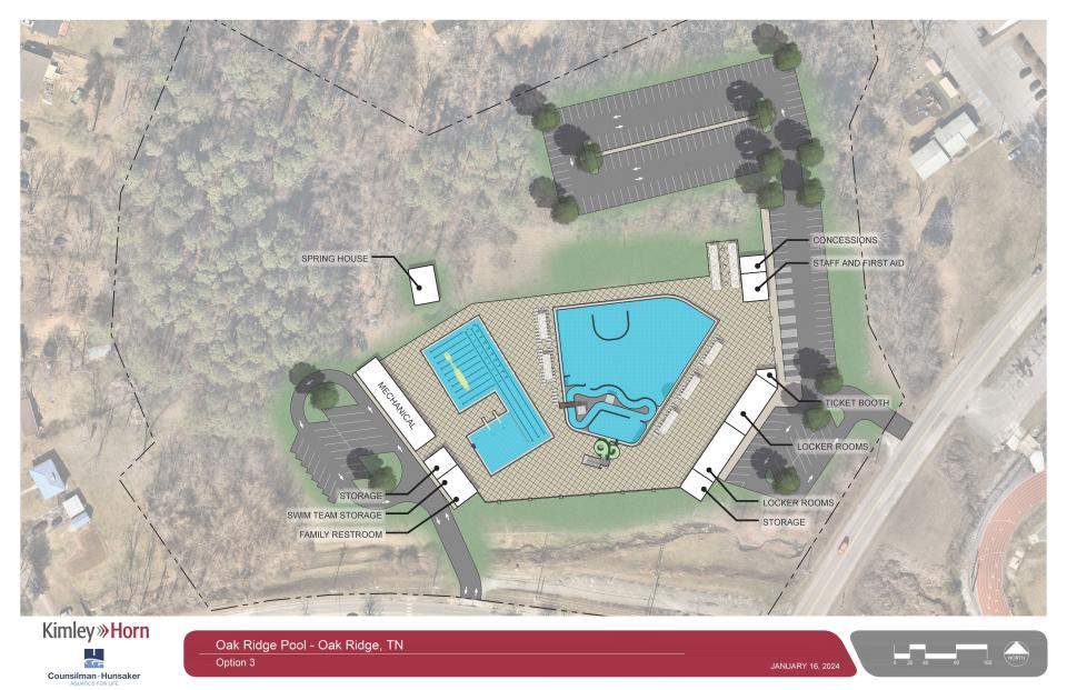 Option 3's lap and diving pool would be 9,475 square feet and hold approximately 540,000 gallons, while the leisure pool and river would be 21,925 square feet and hold about 530,000 gallons.