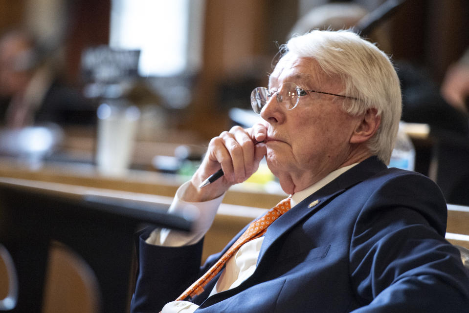 FILE - State Sen. Merv Riepe watches before voting on a bill to ban abortions in Nebraska, April 27, 2023, at the Nebraska State Capital in Lincoln, Neb. Conservative Nebraska lawmakers are taking what could be an all-or-nothing bet by proposing to merge two of the session's most contentious proposals — one to restrict abortion access and another that would ban gender-affirming care for transgender minors. The strategy sets up a vote on Tuesday, May 16, 2023 that could give conservatives a win on both abortion and trans health bans this year — or could see them lose both. (Larry Robinson/Lincoln Journal Star via AP, file)