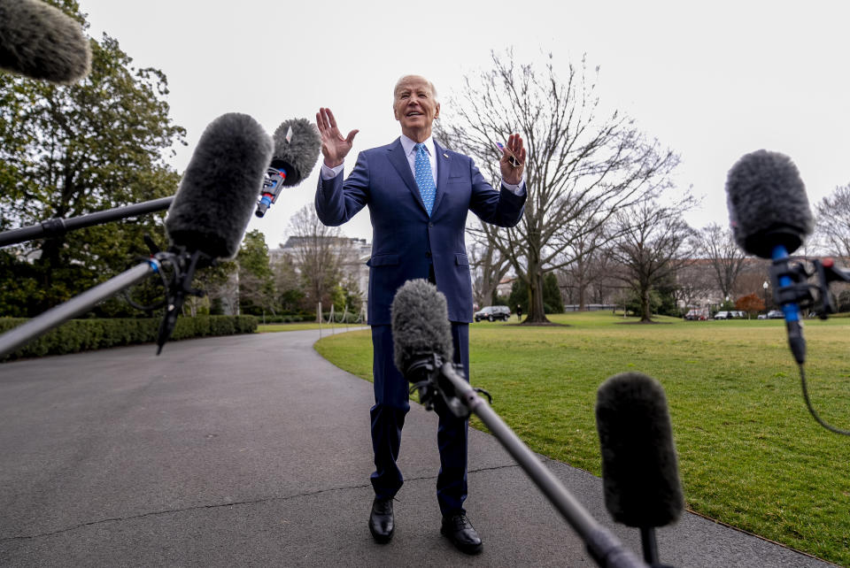 President Joe Biden speaks to members of the media before boarding Marine One on the South Lawn of the White House in Washington, Tuesday, Jan. 30, 2024, for a short trip to Andrews Air Force Base, Md., and then on to Florida for campaign receptions. (AP Photo/Andrew Harnik)