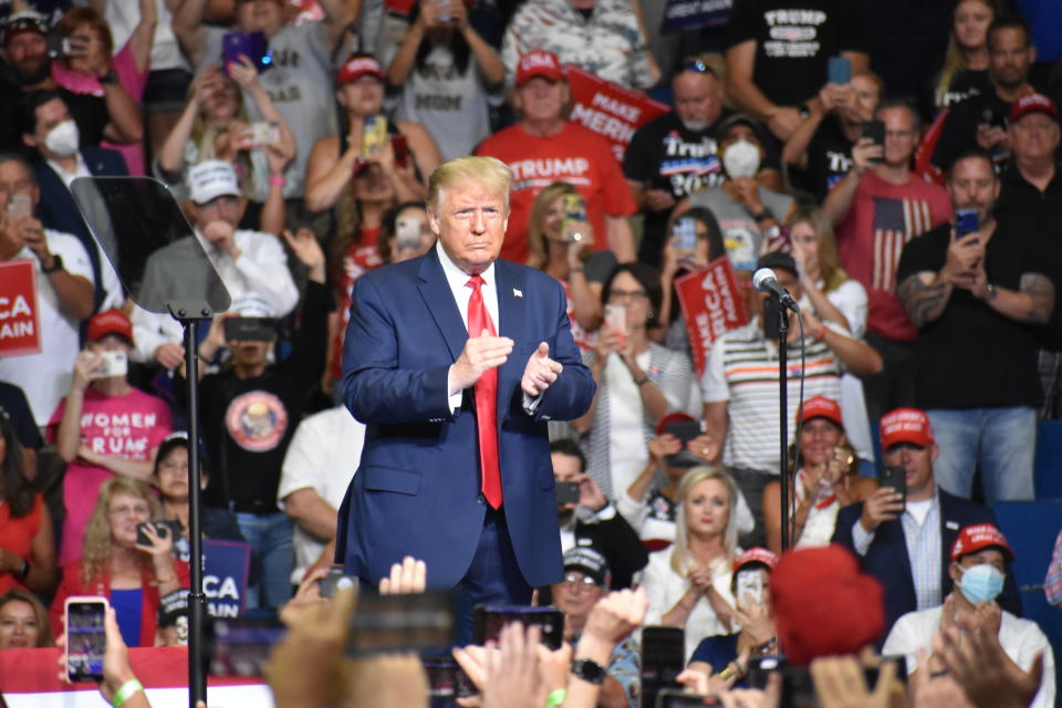 TULSA, USA - JUNE 20:  U.S. President Donald Trump meet his supporters at his ''Make America Great Again'' rally in Tulsa, Oklahoma, United States on June 20, 2020. (Photo by Kyle Mazza/Anadolu Agency via Getty Images)