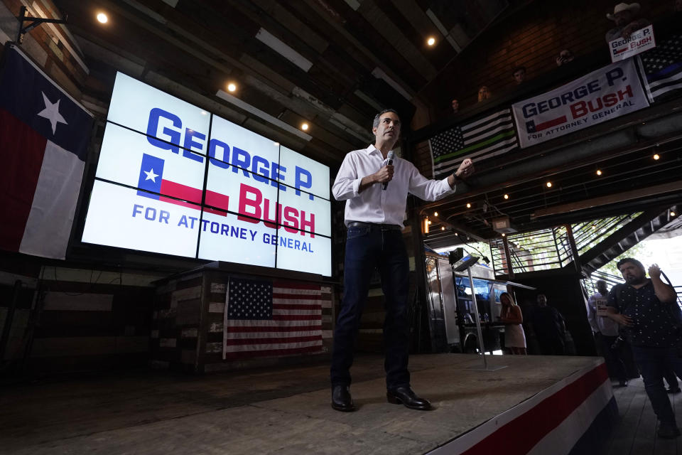Texas Land Commissioner George P. Bush speaks at a kick-off rally where he announced he will run for Texas Attorney General, Wednesday, June 2, 2021, in Austin, Texas. (AP Photo/Eric Gay)