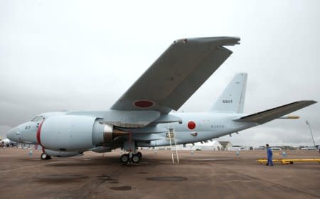 FILE PHOTO: A Japanese Maritime Self-Defense Force (JMSDF) Kawasaki P-1 maritime patrol aircraft is seen parked during the Royal International Air Tattoo at RAF Fairford, Britain July 17, 2015.  REUTERS/Peter Nicholls/File Photo