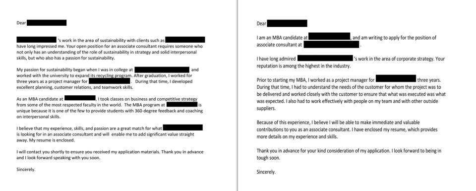 Images of two cover letters for a job application, one written by a real MBA student, the other by artificial intelligence.