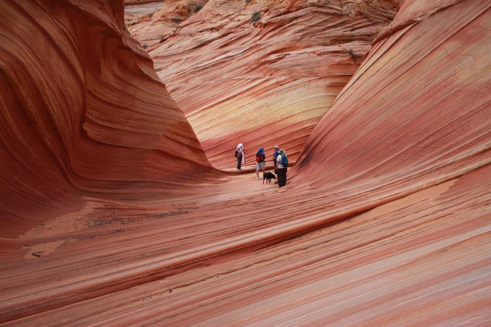 This May 28, 2013 photo shows hikers pausing to view a rock formation known as The Wave in the Vermilion Cliffs National Monument in Arizona. The U.S. Bureau of Land Management limits the number of permits for hikers to 20 a day in order to preserve the backcountry wilderness experience and protect the sandstone formation. The permits are issued by lottery, half of them four months in advance through an online lottery and 10 by a live drawing of bingo balls the day before. (AP Photo/Brian Witte)