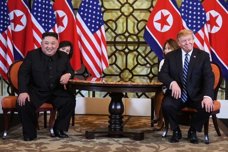 US President Donald Trump and North Korea’s leader Kim Jong Un smile at their second summit, which took place in Hanoi. Source: AFP