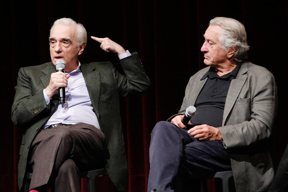 Martin Scorsese and Robert De Niro on stage for a screening of "The Irishman" on October 6, 2019. (Photo by Lars Niki/Getty Images for The Academy Of Motion Pictures Arts & Sciences)