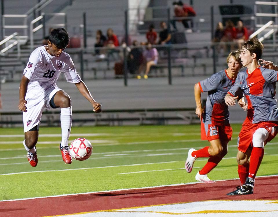 Lake Travis' Ben Paranidharan, seen in a 2021 playoff match, had a hat trick in a recent district victory over Dripping Springs. The Cavaliers improved to 13-0-1 heading toward the close of the regular season.