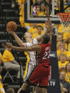 INDIANAPOLIS, IN - MAY 17: Tyler Hansbrough #50 of the Indiana Pacers pushes off James Jones #22 of the Miami Heat as he tries to shoot in Game Three of the Eastern Conference Semifinals in the 2012 NBA Playoffs at Bankers Life Fieldhouse on May 17, 2012 in Indianapolis, Indiana. NOTE TO USER: User expressly acknowledges and agrees that, by downloading and/or using this photograph, User is consenting to the terms and conditions of the Getty Images License Agreement. (Photo by Jonathan Daniel/Getty Images)