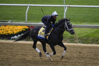 Preakness entrant First Mission works out ahead of the 148th running of the Preakness Stakes horse race at Pimlico Race Course, Wednesday, May 17, 2023, in Baltimore. (AP Photo/Julio Cortez)