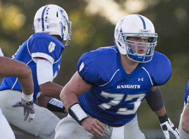 Kirk Barron, shown during his high school career at Mishawaka Marian, is now in the collegiate coaching ranks as an Offensive Line Graduate Assistant Coach at West Virginia University.