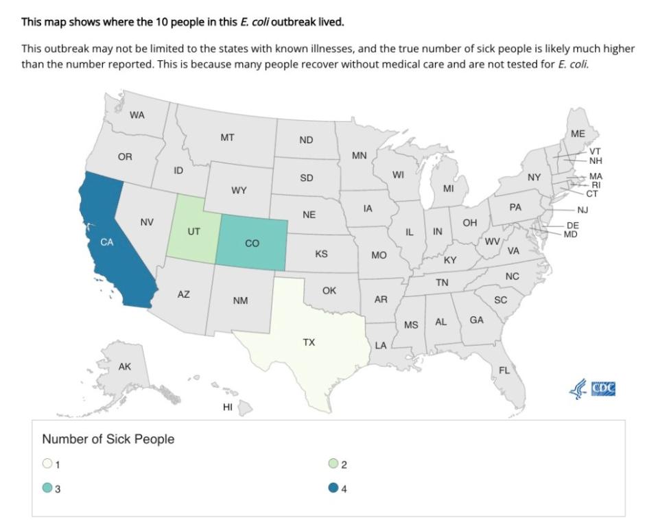 As of Feb. 16, 2024, 10 E. coli infections have been reported from four states — California, Colorado, Utah and Texas. CDC