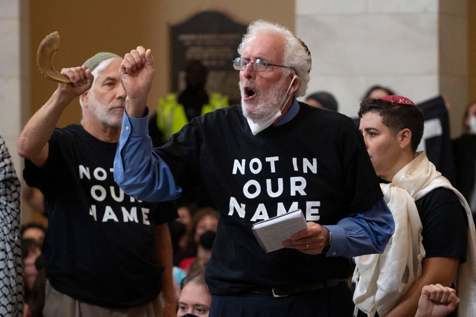 Members of the U.S. Jewish community protest inside the U.S. Capitol in Washington on Oct. 18, 2023, against the Israeli military operation in Gaza.