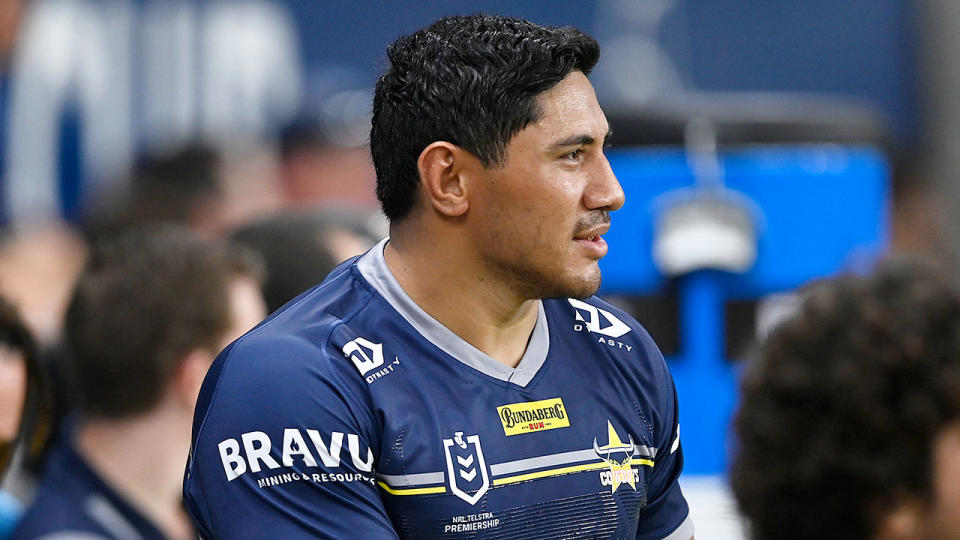 Seen here, Jason Taumaolo watches on from the bench during the Cowboys' round one loss against the Bulldogs. 