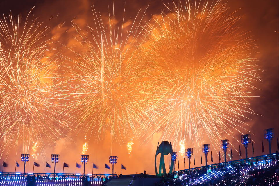 <p>Fireworks light up the sky during the closing ceremony of the PyeongChang 2018 Winter Olympic Games at Pyeongchang Olympic Stadium. Valery Sharifulin/TASS (Photo by Valery Sharifulin\TASS via Getty Images) </p>