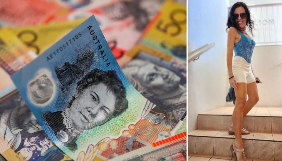 Compilation of Australian dollar money notes with full body image of Nicole Pedersen-McKinnon on steps