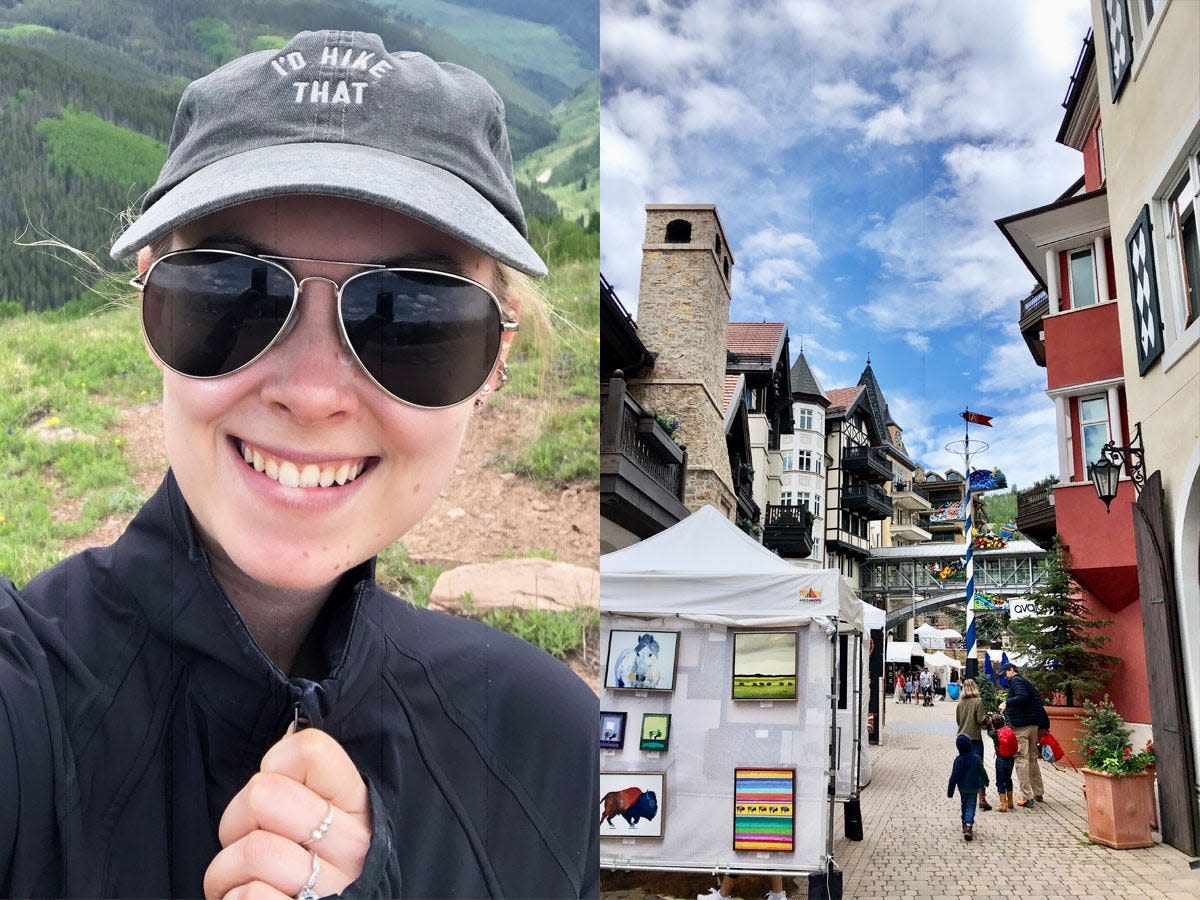 molly o'brien smiling on hike in vail, vail village on the right