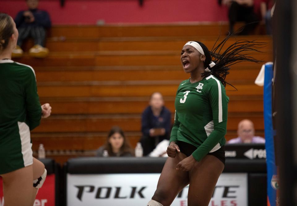Tekoa Barnes of Boca Raton Christian celebrates a kill in the FHSAA Class 2A volleyball state championship against Seacrest on Saturday, Nov. 12, 2022, at Polk State College in Winter Haven. Seacrest won the match in three sets.