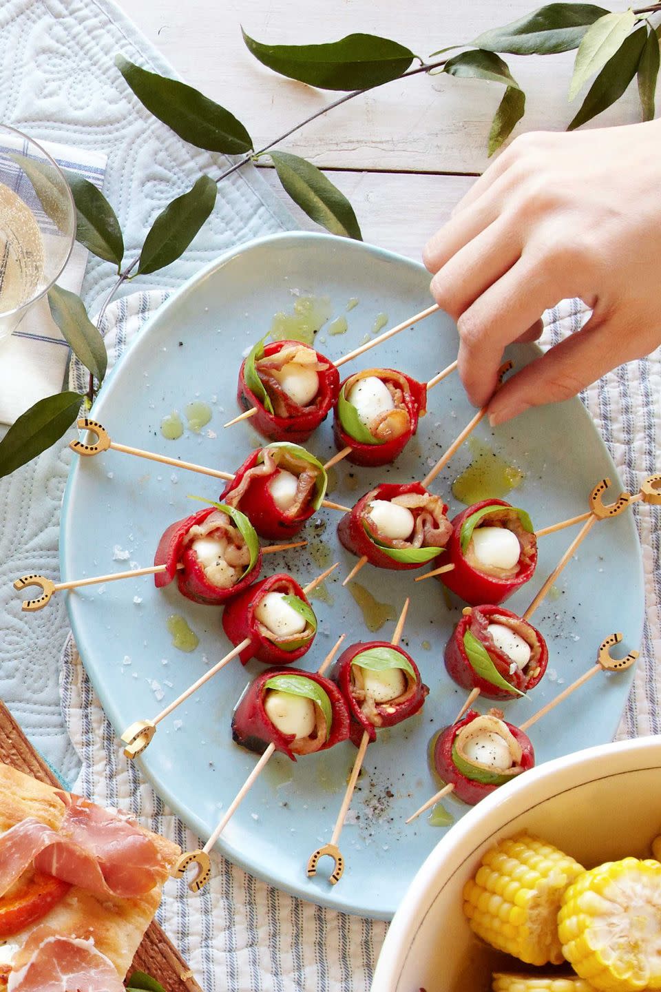 63) Mozzarella, Red Pepper, and Bacon Skewers