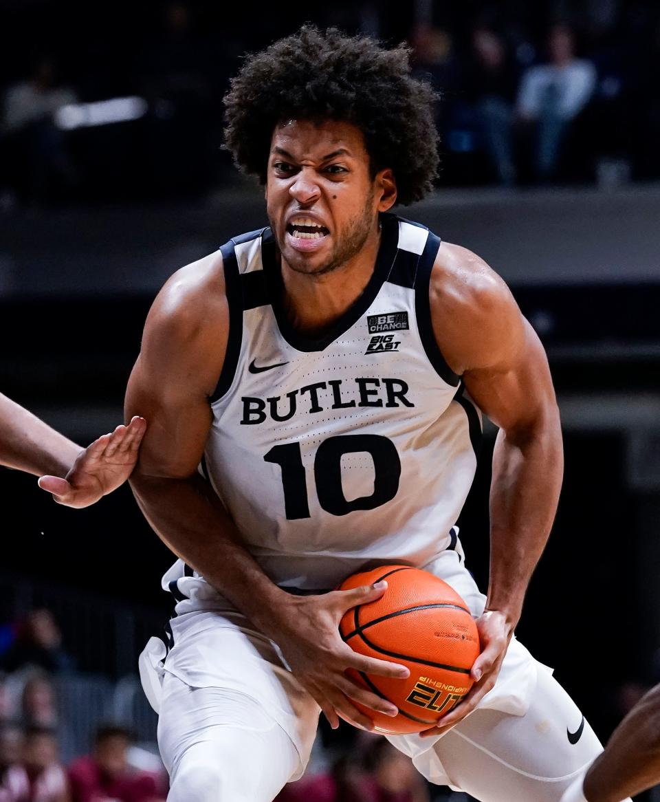 Butler Bulldogs forward Bryce Nze (10) rushed up the court Saturday, Nov. 13, 2021 at Hinkle Fieldhouse, in Indianapolis. Butler Bulldogs defeated the Troy Trojans, 70-59.