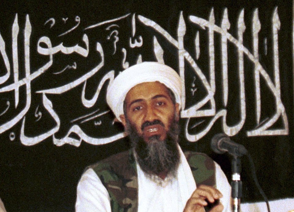 FILE - In this 1998 file photo made available on March 19, 2004, Osama bin Laden is seen at a news conference in Khost, Afghanistan. The United States carried out the most noteworthy assassination of this century when Navy SEALs under President Barack Obama’s direction tracked down Osama bin Laden in Pakistan and killed him in 2011. (AP Photo/Mazhar Ali Khan, File)