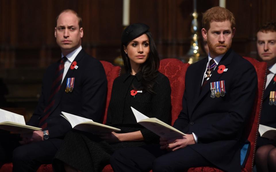 The Duke of Cambridge, Meghan Markle and Prince Harry during the Anzac Day service - eddie_mulholland@hotmail.com