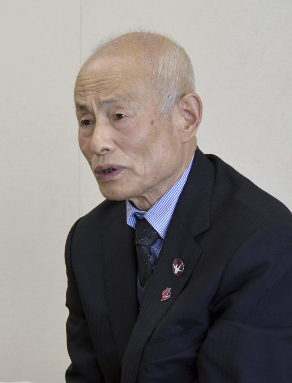 Toshiyuki Mimaki speaks during a news conference in Hiroshima, western Japan, on Dec. 7, 2023. “Oppenheimer” finally premiered Friday, March 29, 2024, in the nation where two cities were obliterated 79 years ago by the nuclear weapons invented by the American scientist who was the subject of the Oscar-winning film. Japanese filmgoers' reactions understandably were mixed and highly emotional. Mimaki, who was 3 when an atomic bomb was dropped on Hiroshima, said during a telephone interview Thursday, March 28, he was fascinated by the story of the American scientist, often called “the father of the atomic bomb” for leading the Manhattan Project. (Kyodo News via AP)