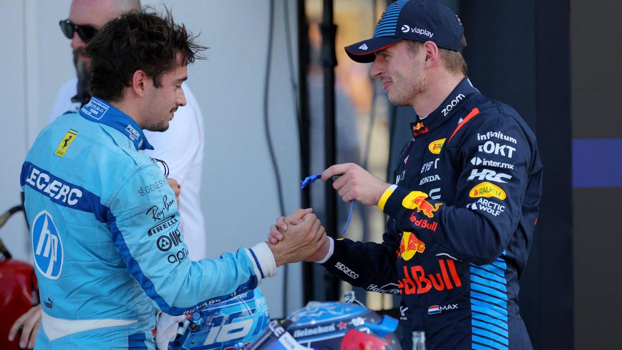 Max Verstappen and Charles Leclerc shake hands after Miami GP qualifying