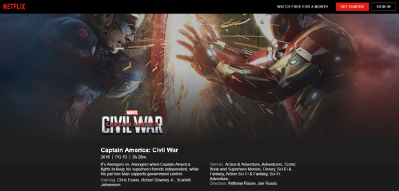 Landing page for Captain America: Civil War on Netflix.