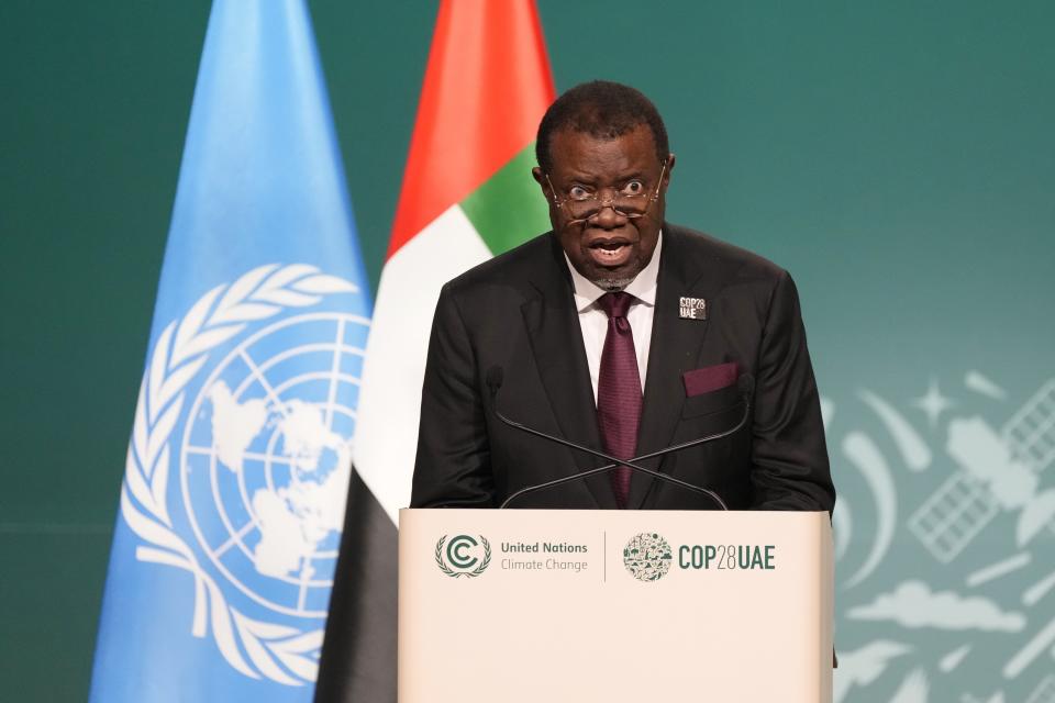 FILE - Namibia President Hage Geingob speaks during a plenary session at the COP28 U.N. Climate Summit, on Dec. 1, 2023, in Dubai, United Arab Emirates. Namibian president has died in a hospital where he was receiving treatment, his office said Sunday, Feb. 4, 2024. (AP Photo/Peter Dejong, File)