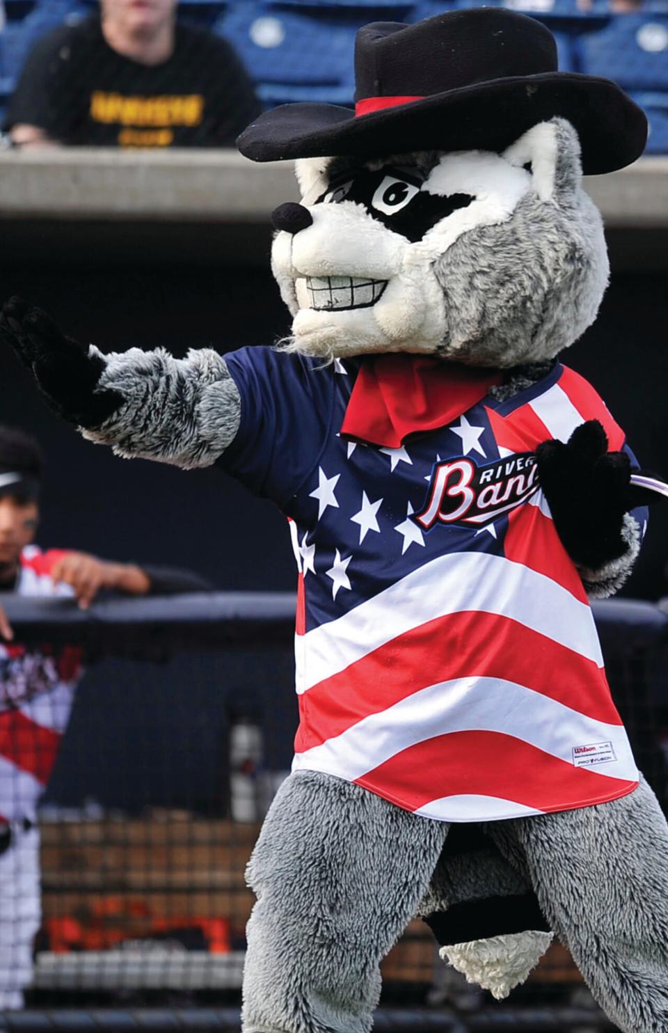 Quad Cities River Bandits mascot Rascal strikes a pose during a game.