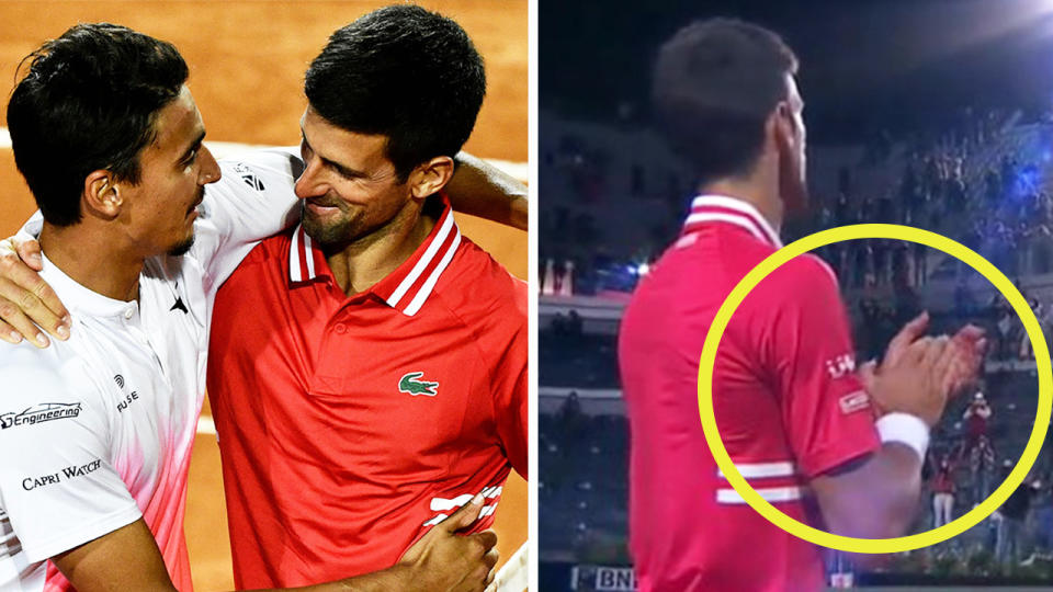 Novak Djokovic (pictured right) clapping his opponent off and (pictured left) hugging Lorenzo Sonego.