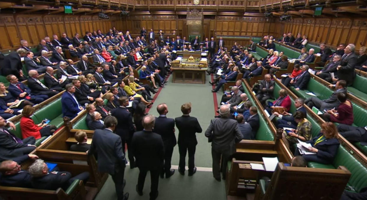 Members listen to Prime Minister Boris Johnson speak during the election debate ahead of the vote in the House of Commons, London. (Photo by House of Commons/PA Images via Getty Images)