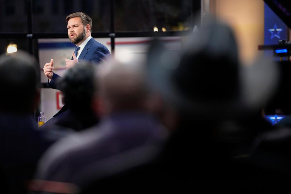 Nov 1, 2022; Columbus, Ohio, USA; J.D. Vance participates in a U.S. Senate race forum hosted by Fox News, along with Tim Ryan, not pictured, at The Fives Columbus. Mandatory Credit: Adam Cairns-The Columbus Dispatch