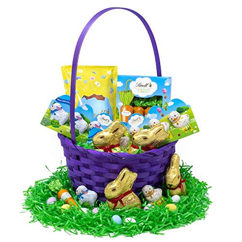 Lindt Easter Basket with GOLD BUNNY, Festive Lindt Chocolate for Kids with Purple Easter Basket Ready for Gifting
