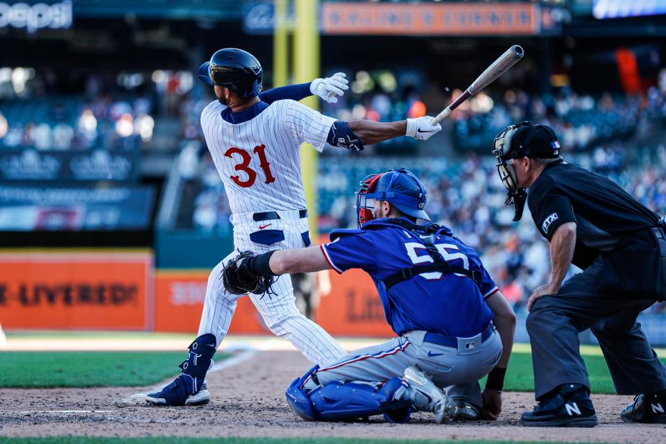 Detroit Tigers center fielder Riley Greene (31) bats against Texas Rangers during the eighth inning at the Comerica Park in Detroit on Saturday, June 18, 2022.