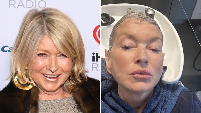 Martha Stewart smiles in a champagne top, brown fur vest, and huge gold earrings on the red carpet split Martha Stewart in the salon chair getting her hair done showing off her natural skin