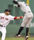 BOSTON, MA - JULY 7: Mike Aviles #3 of the Boston Red Sox tags out Alex Rodriguez #13 of the New York Yankees after he was caught off of first base during the third inning of game one of a doubleheader at Fenway Park on July 7, 2012 in Boston, Massachusetts. (Photo by Winslow Townson/Getty Images)