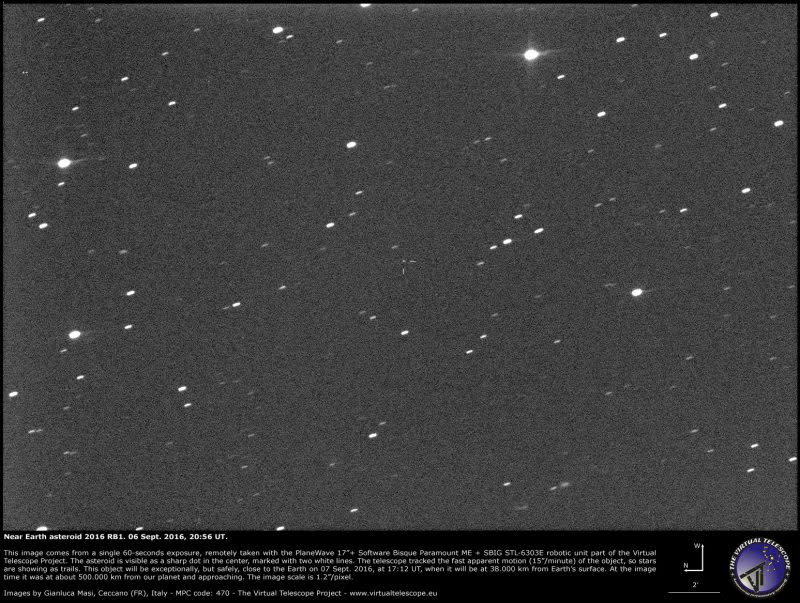 Asteroid 2016 RB1 imaged by Gianluca Masi, of the Virtual Telescope Project in Italy. The asteroid is a faint spot directly in the center; other brighter spots are stars.