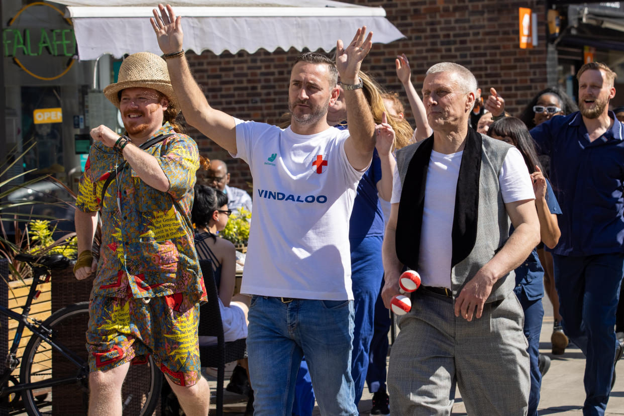 Will Mellor, Keith Lemon, and Bez from the Happy Mondays, were spotted today filming scenes, in Hoxton, for a new charity music video called�Vindaloo Part Two, which has been supported and backed by�Deliveroo�to raise funds for the NHS, as proceeds from the sale of the song will go to NHS charities.�It�s rumored more celebrity faces will appear in the video to support the charity single. The release date is yet to be revealed but it�s believed to be in time for the first UEFA EURO 2020 England game. (Photo by Phil Lewis / SOPA Images/Sipa USA)