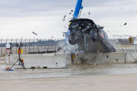 A 2022 Rivian R1T is used for a crash test research by the U.S. Army Corps of Engineers and Development Center and the University of Nebraska-Lincoln's Midwest Roadside Safety Facility on Oct. 12, 2023 in Lincoln, Neb. Preliminary tests point to concerns that the nation’s roadside guardrails are no match for new heavy electric vehicles. (Craig Chandler/University of Nebraska via AP)