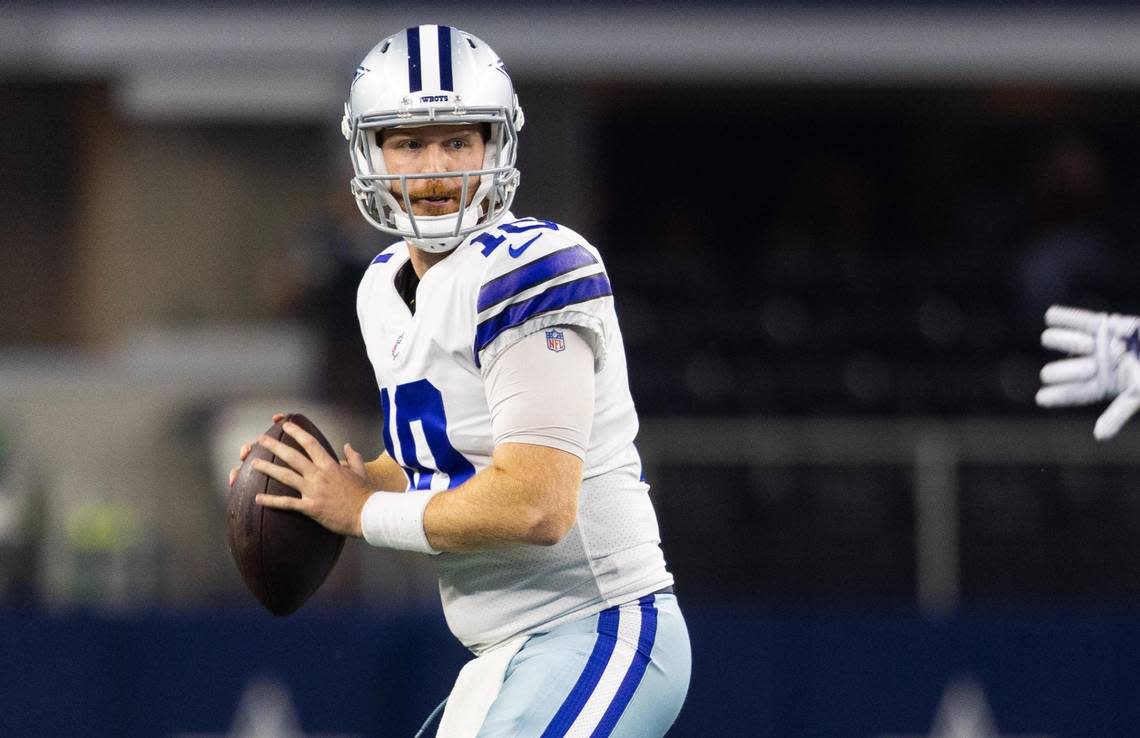 Dallas Cowboys Cooper Rush looks to throw the ball after Dak Prescott left the field with injury during the second half of the game against Tampa Bay Buccaneers Sunday, Sept. 11, 2022, at AT&T Stadium in Arlington.