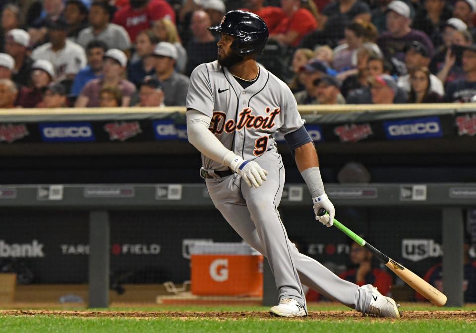 Detroit Tigers outfielder Willi Castro (9) hits an RBI single off of Minnesota Twins relief pitcher Caleb Thielbar (56) during the eighth inning Sept. 30, 2021 at Target Field.