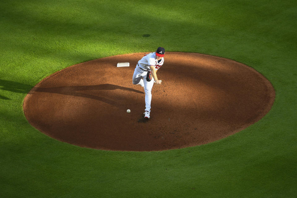 Atlanta Braves' Mike Soroka throws a pitch during the first inning of the home-opening baseball game against the Tampa Bay Rays, Wednesday, July 29, 2020 in Atlanta. (AP Photo/John Amis)