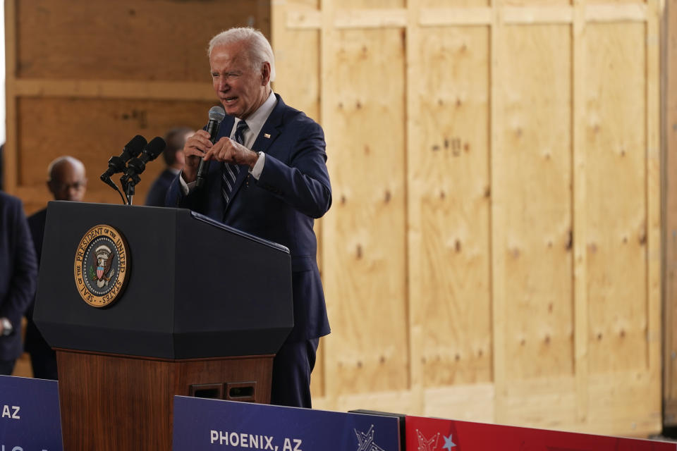 President Joe Biden speaks about his economic agenda after touring the building site for a new computer chip plant for Taiwan Semiconductor Manufacturing Company, Tuesday, Dec. 6, 2022, in Phoenix. (AP Photo/Patrick Semansky)