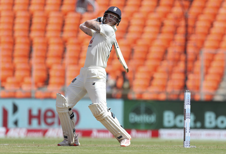 England's Ben Stokes bats during the first day of fourth cricket test match between India and England at Narendra Modi Stadium in Ahmedabad, India, Thursday, March 4, 2021. (AP Photo/Aijaz Rahi)